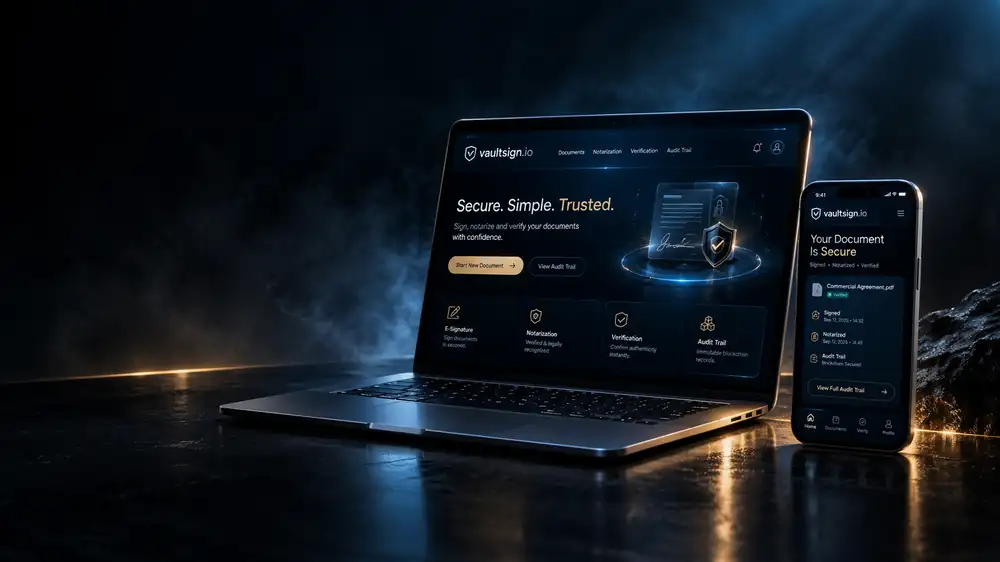 vaultsign.io on a laptop and a phone, showing a signed document